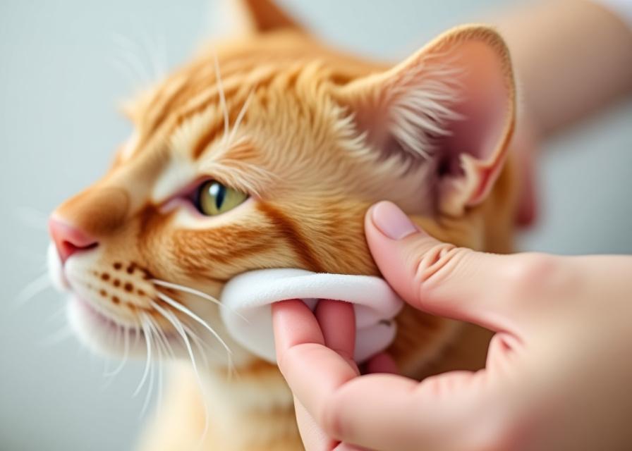 Close up of a cat receiving gentle ear cleaning
