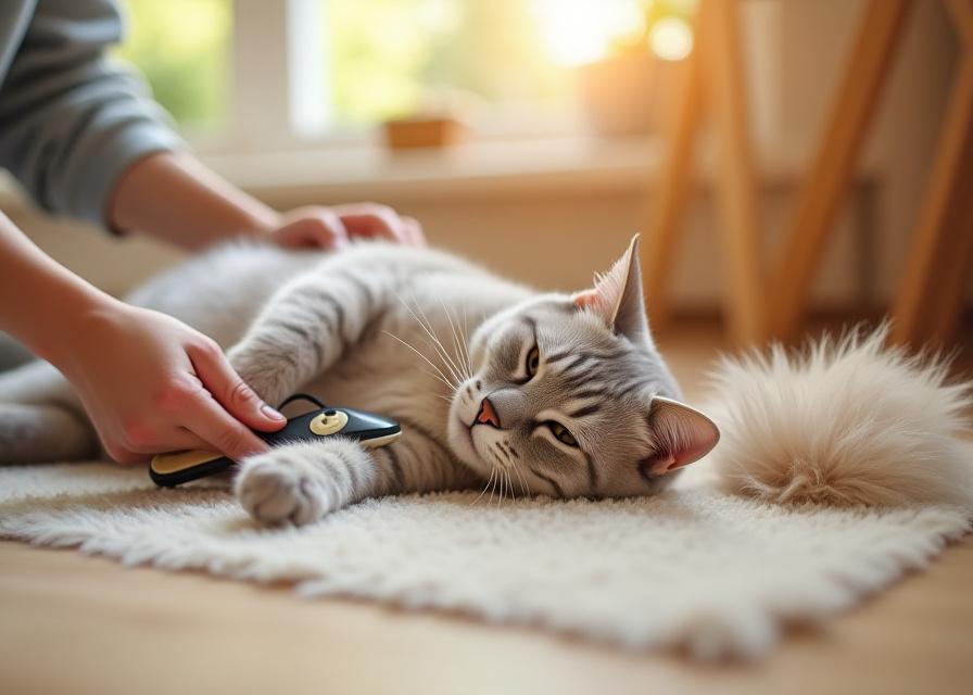A cat owner brushing a domestic shorthair cat