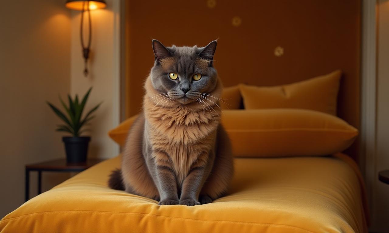 Majestic groomed cat sitting on a velvet cushion
