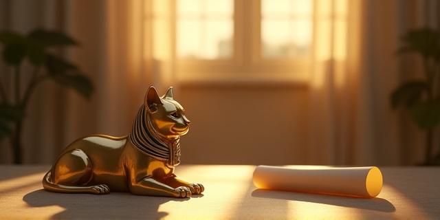 Golden silhouette of a cat observing a scroll